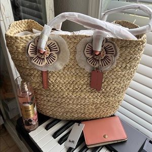RARE Coach Woven Tote with Tea Rose Bundle!